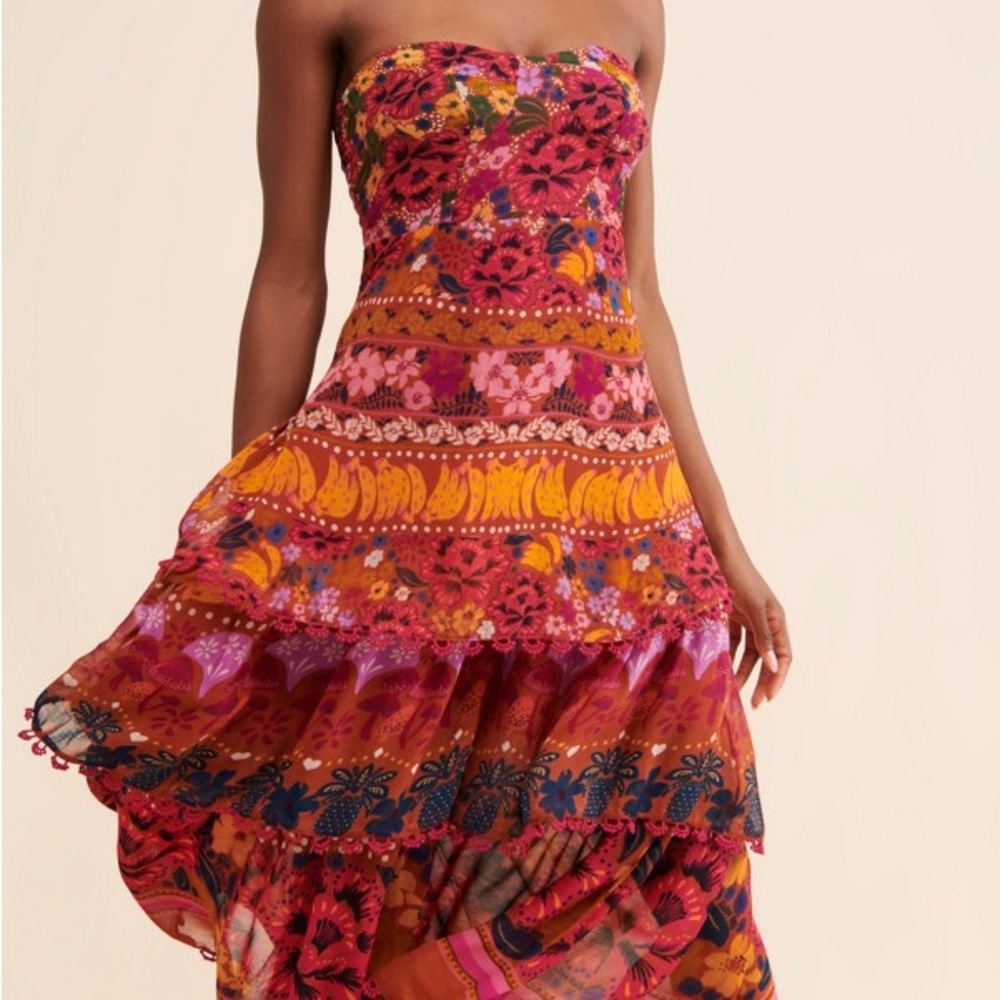 FARM Rio Tiered Strapless Midi Dress
